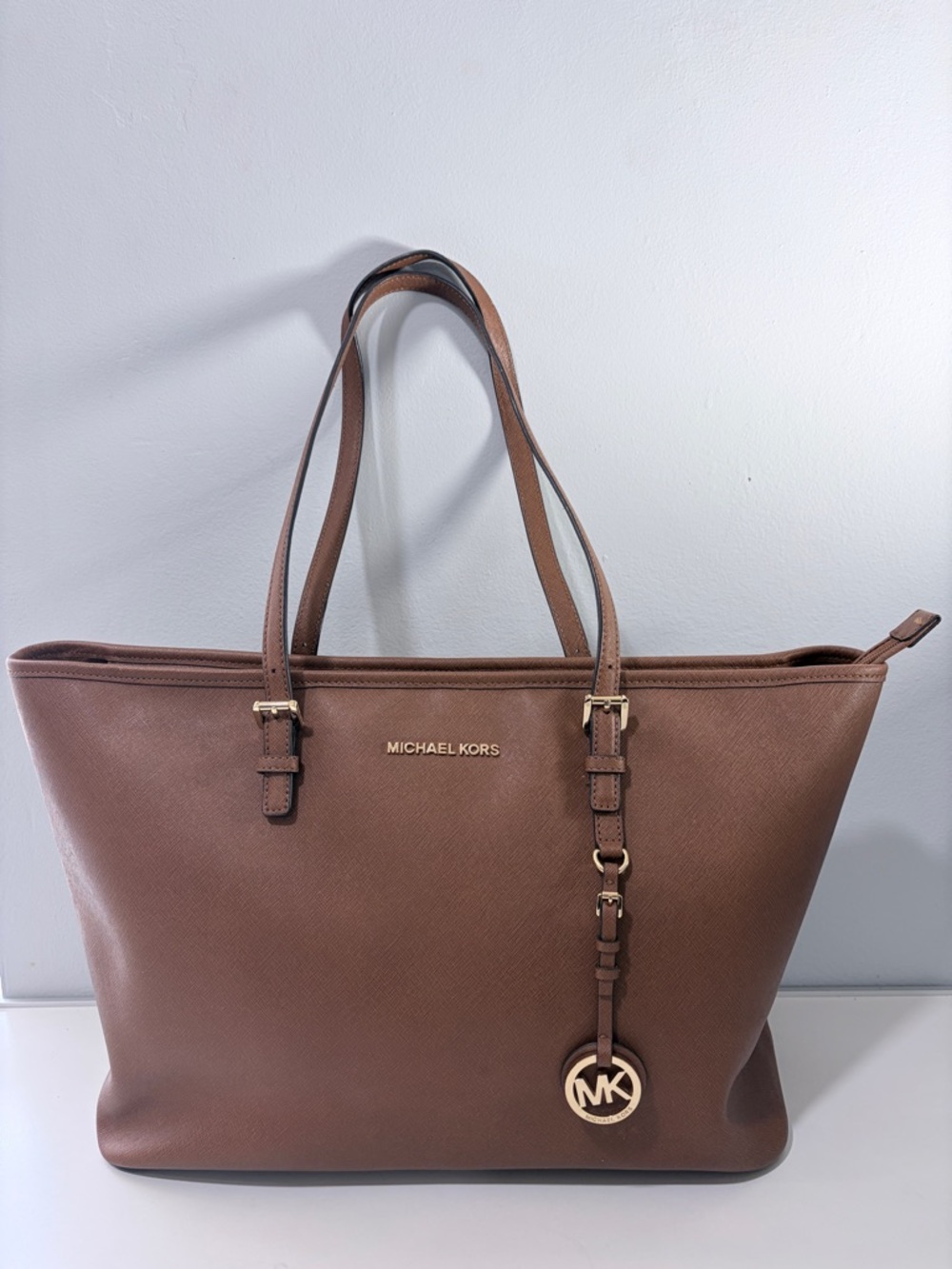 Michael Kors Brown Saffiano Large Tote Handbag with Gold MK Charm